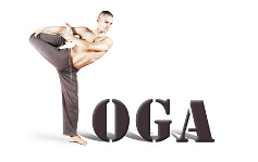 le mot yoga dont le y est matérialisé par un homme réalisant une posture