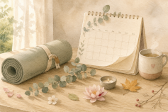 tapis roulé, calendrier et tasse fumante